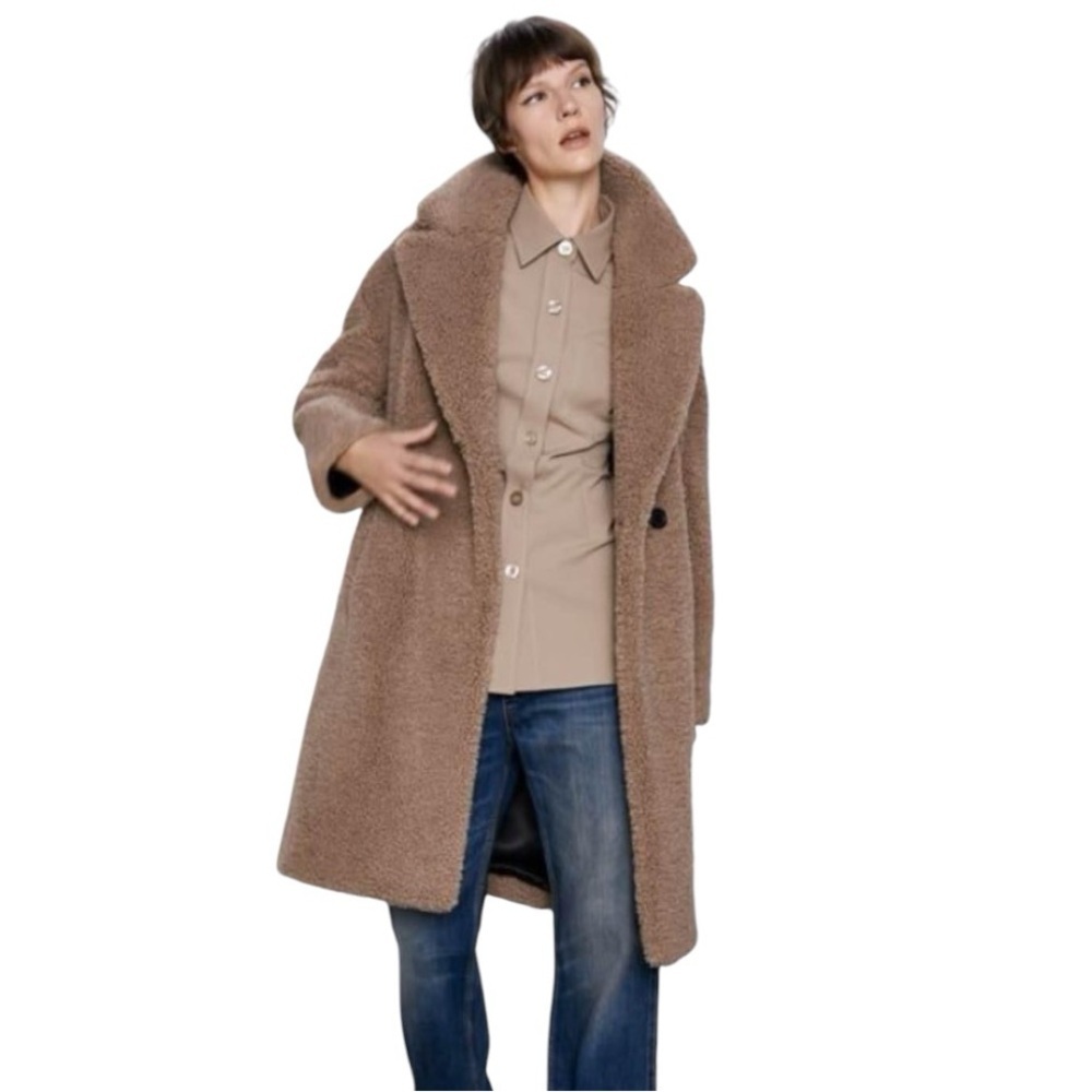 ZARA TEDDY FLEECE OVERSIZE PEACOAT TAN SZ S